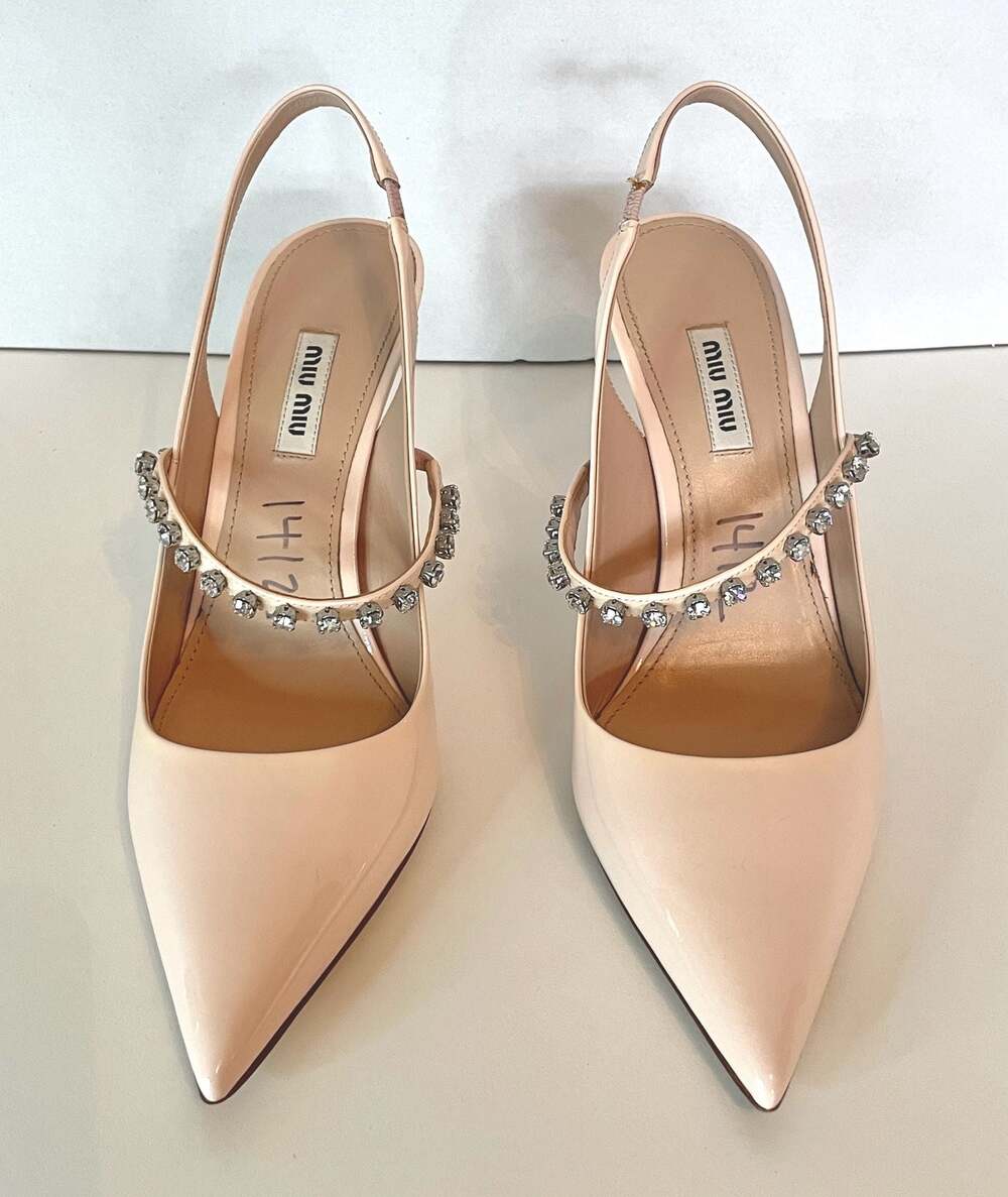 Miu Miu Light Pink Patent Leather Crystal Embellished Slingback Pumps Heel Sz 40 - Picture 3 of 7